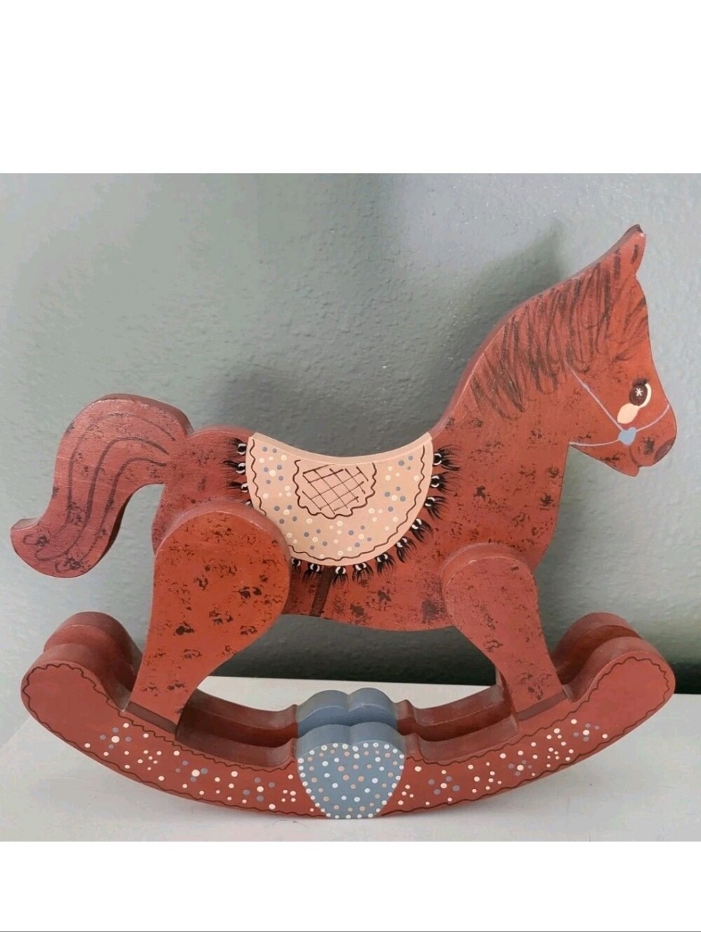 Vintage Wooden Folk Art Rocking Horse Blue Saddle Heart Cutouts 90s Cottagecore